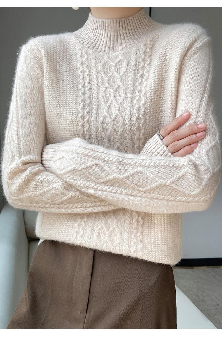 【 Cashmere Family 】 Halbhoher, kurzer Pullover im Rautenmuster mit lockerer Wollbasis für Damen mit dicker Strickschicht_voghion.com