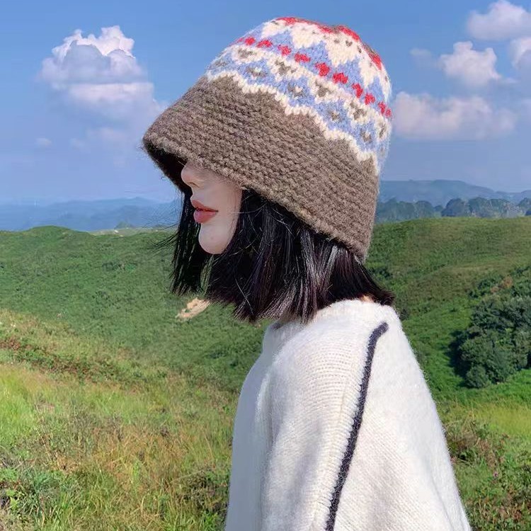 针织帽费尔岛风秋冬保暖冷帽复古百搭护耳雷锋帽子毛线帽提花盆帽|undefined