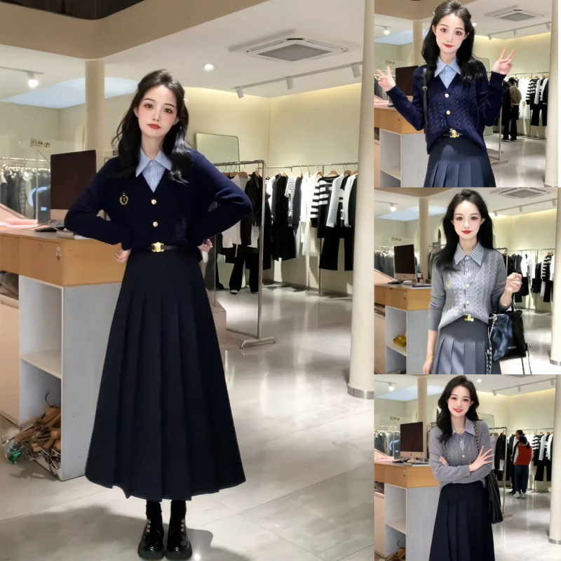 College Style Suit for Women in Autumn and Winter Korean Drama Sweet and Salty Style High-End Fake Two-Piece Shirt and Skirt Two-Piece Set
