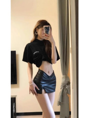 大きいサイズの太ったmmの黒いヒップのスカートの小さい皮のスカートはフォークのスカートの女性の秋冬の高い腰のスカートのpu皮のスカートの半身のスカートを包みます