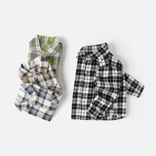 New boys plaid shirt autumn clothes girls Korean version long-sleeved top lapel base shirt cotton cardigan spot stock