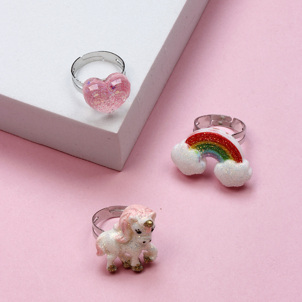 Cartoon Style Rainbow Heart Shape Unicorn Resin Handmade Rings