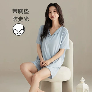 纯棉家居服可外穿天丝莫代尔亲肤夏季新款短袖短裤带胸垫亲肤套装