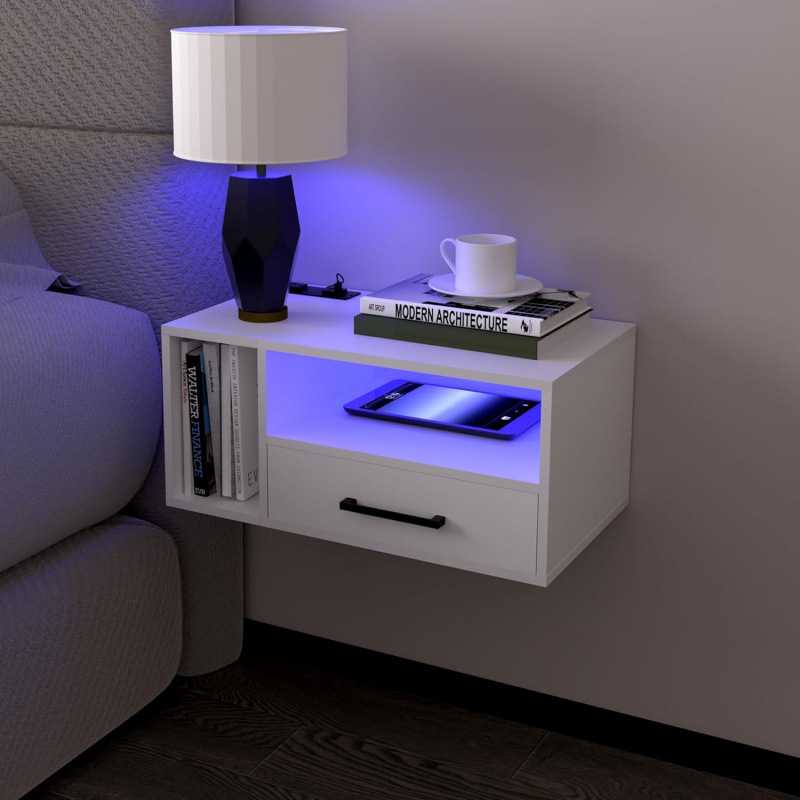 Cross-border factory white floating wall-mounted bedside table with ambient lighting, single drawer, simple bedroom wall storage cabinet