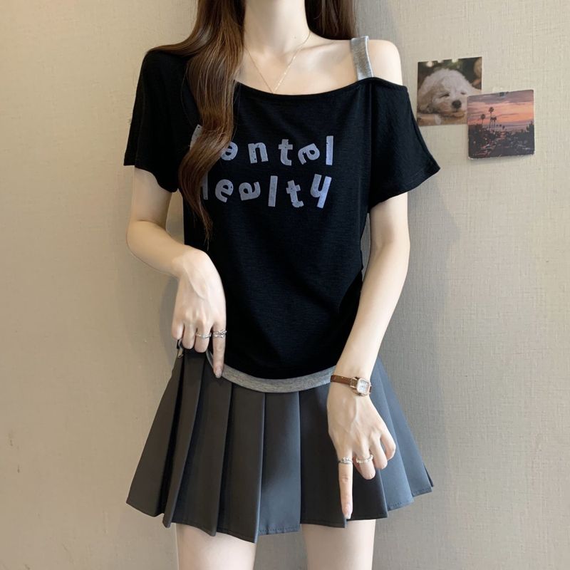 大きいサイズのレタープリントオフショルダー半袖Tシャツ女性用2025年夏新作ゆったり痩身カバーアップ女性用万能トップス|undefined