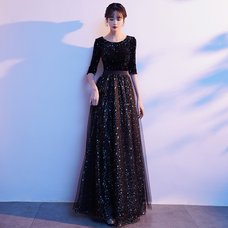 大合唱团演出服装黑色成人长款女指挥比赛主持人宴会晚礼服连衣裙