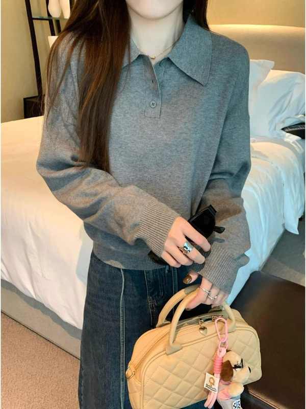 韓国系polo襟のたるみ感のあるニットセーター女性2025春秋シンプルで怠惰なボトムシャツのゆったりとした上着|undefined