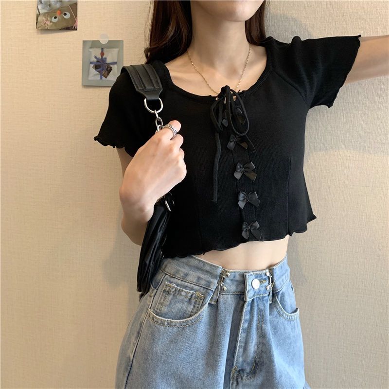 Summer Korean Style Lace-up Spice Girls Short Top Navel T-Shirt Chic Slim Look Cute Bow Short-sleeved Knit Sweater for Women