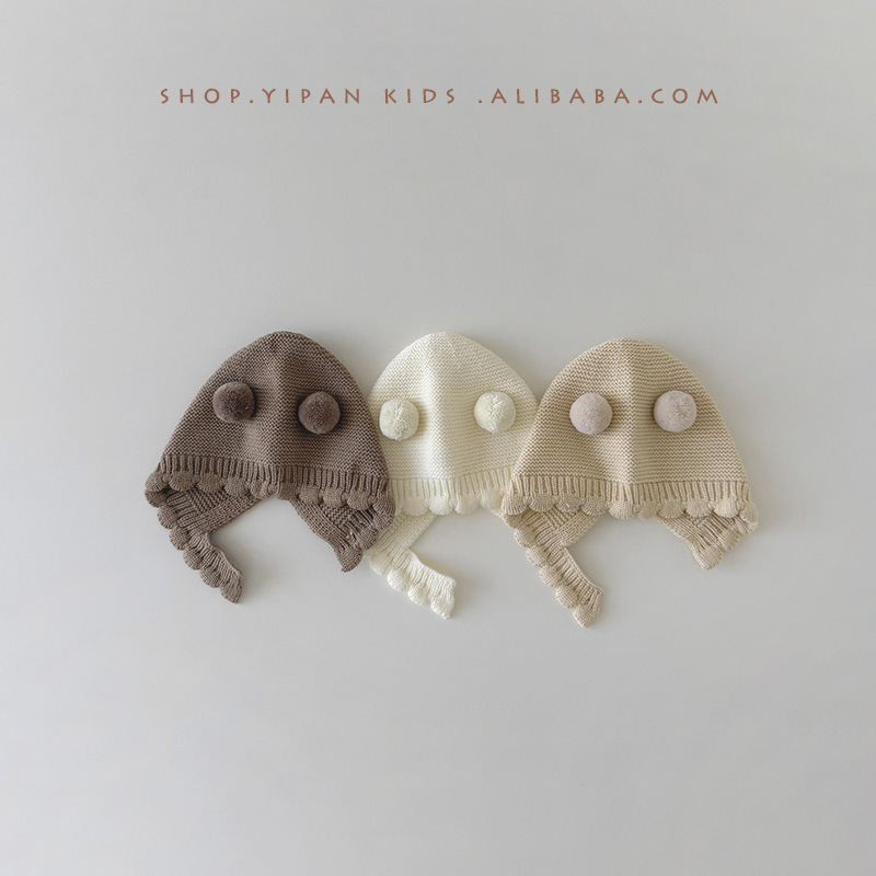 一潘 婴儿帽子冬季新款可爱婴幼儿双球毛线帽针织保暖宝宝护耳帽|undefined