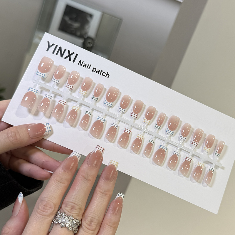 Colorful Line French-Style Press-On Nails, Instagram-Style Medium Square Ice-Clear Nude Color, Everyday Versatile, Brightening Fake Nail Tips