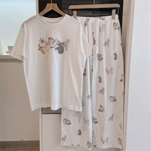 日系莫代尔棉质夏季睡衣短袖长裤套装可爱手绘猫咪宽松睡衣家居服