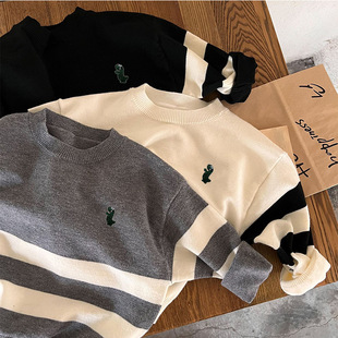 Children's Sweater New Baby Warm Embroidered Spring and Autumn Wool Top Boy's Round Neck Knitted Striped Pullover Round
