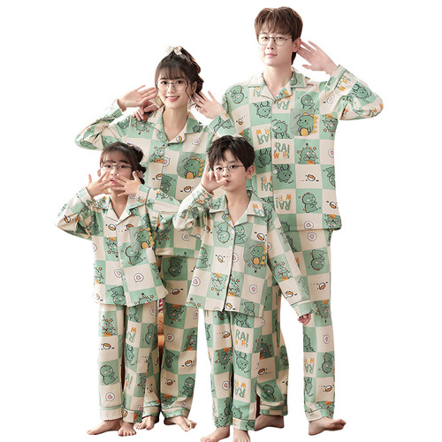 A set of pajamas for a family of three or four, suitable for spring and autumn, long-sleeved, pure cotton, for baby boys, children, father and son, home wear.