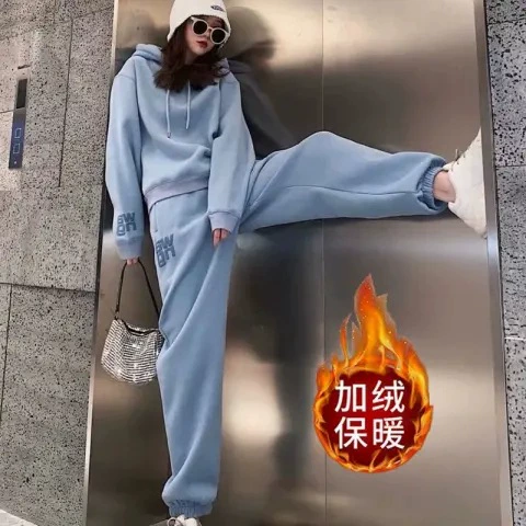Женский спортивный костюм из вельвета, утолщенный, осень-зима 2024, корейский стиль, свободный крой, модный свитшот, повседневный комплект из двух предметов