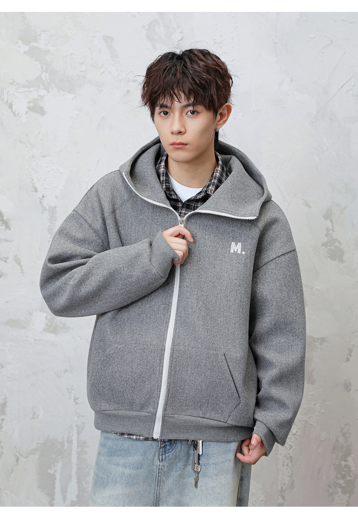 Monochrome Man- Heavy Woolen Hooded Sweatshirt Autumn Style American Retro Color-Block Zipper Cardigan Jacket Textured Thickened Hoodie_viptrois.com
