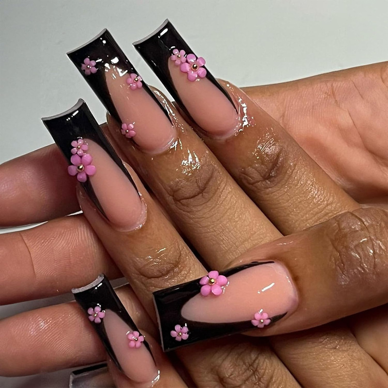 Europe and the United States new long water pipe black French glitter nail art three-dimensional small flower pink plastic flower wear armor wholesale