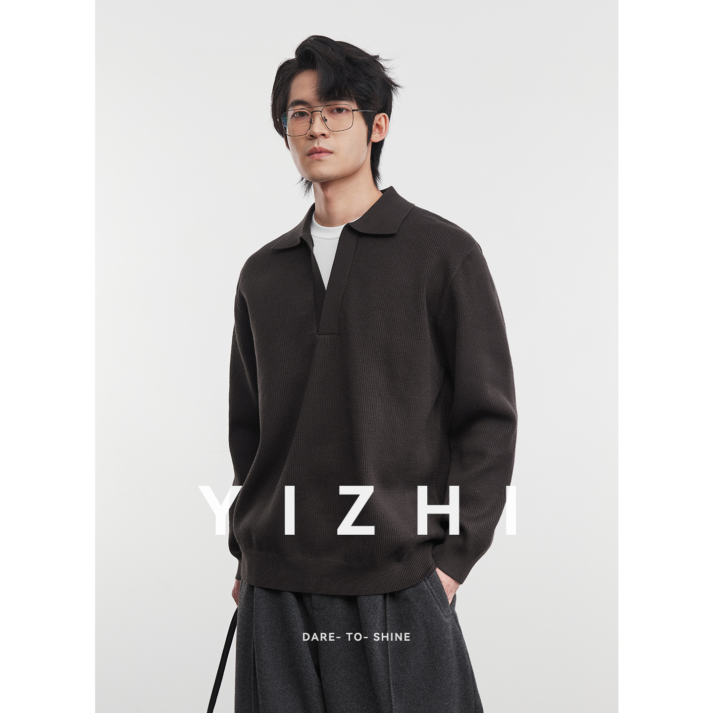 Yizhi [Warmth] Fake Two-Piece Fleece Sweater Thickened Lapel Knitted Sweater Men's Winter Solid Color Warm Top