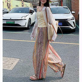 慵懒感彩色条纹阔腿南瓜裤女2026夏季薄款高腰显瘦冰丝百搭直筒裤