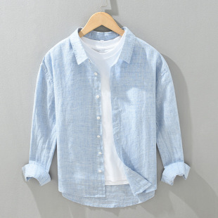 2080 Yarn-Dyed Spring & Fall New Linen Long-Sleeved Shirt Men's High-End Lapel Casual Shirt Men's Comfortable Top