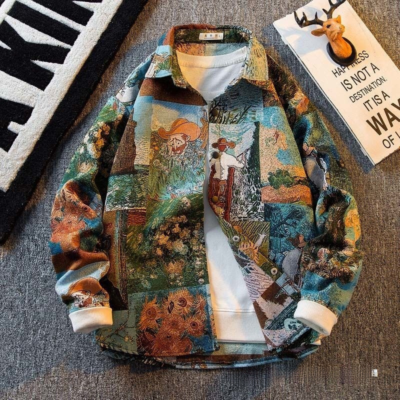 Men's American Vintage Retro Van Gogh Oil Painting Shirt Men's Long-Sleeved Trendy Brand Art Student Shirt Casual Jacket Men's American Vintage Retro Van Gogh Oil Painting Shirt Men's Long-Sleeved Trendy Brand Art Student Shirt Casual Jacket