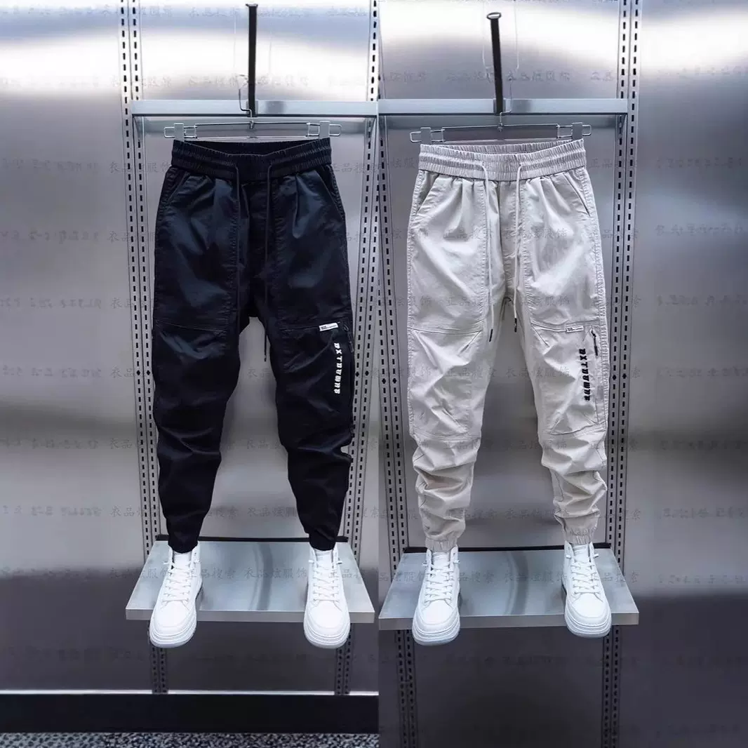 夏季新款纯色休闲裤拼接男士束脚裤潮流韩版修身抽绳小脚长裤