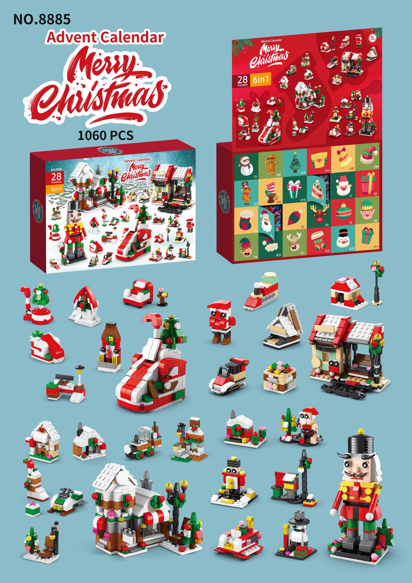 Bloques de construcción transfronterizos Calendario navideño Caja ciega Cuenta atrás 24 cuadrículas Coche de bricolaje para niños Bloques de construcción de dinosaurios Caja ciega rasgada a mano