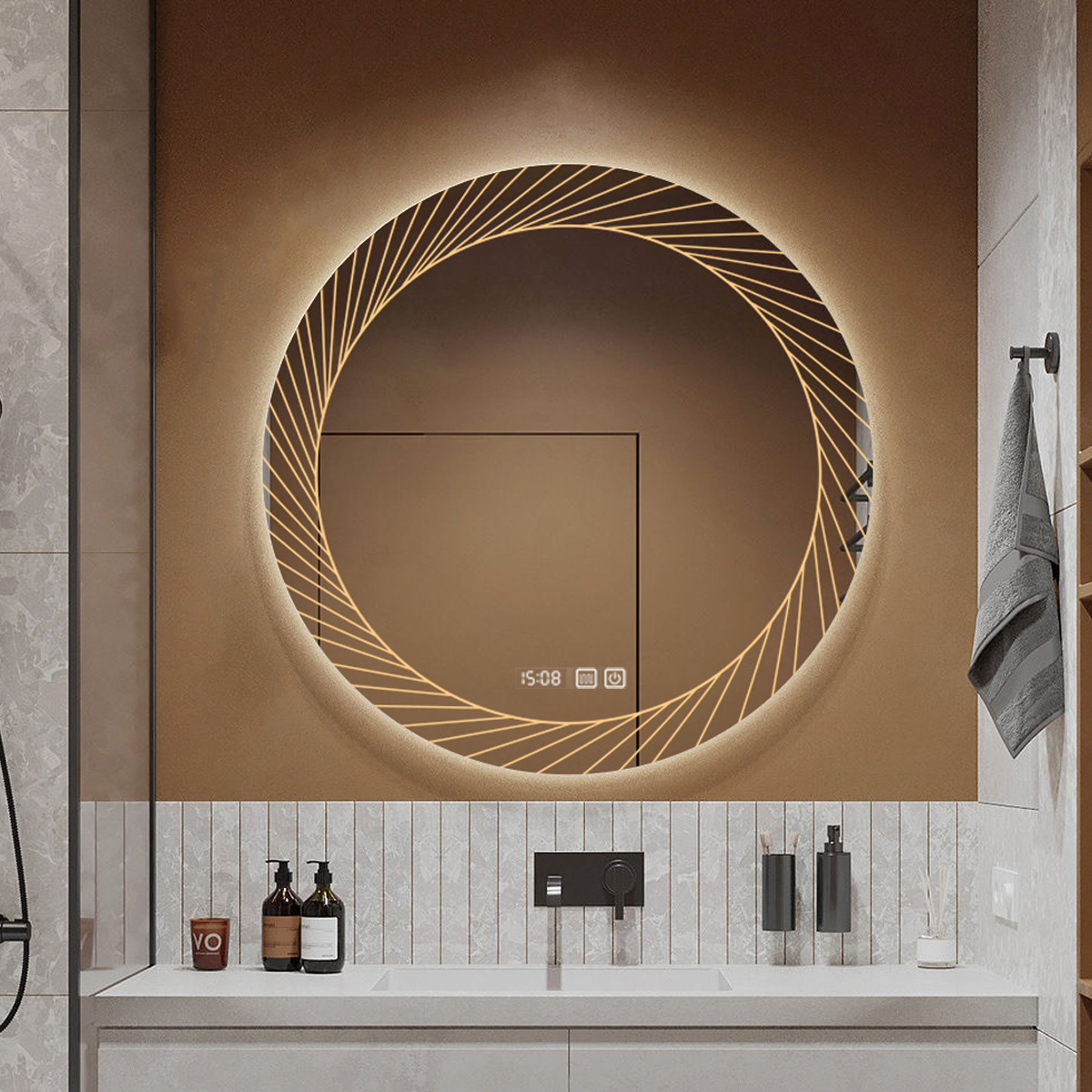 Espejo de baño inteligente comercial espejo de inodoro pared espejo de maquillaje LED iluminante antiniebla pantalla táctil láser nuevo