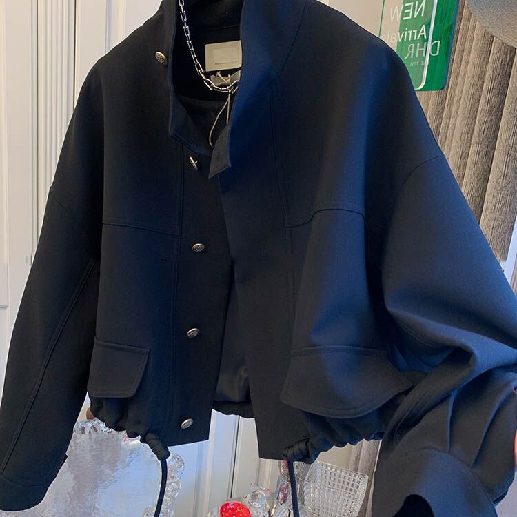 European boutique off-brand surplus 2026 stand-up collar elegant drawstring bud jacket coat top for women, short style European boutique off-brand surplus 2026 stand-up collar elegant drawstring bud jacket coat top for women, short style