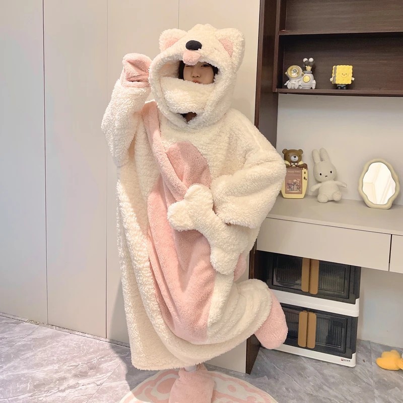 卡通搞怪小狗睡衣女秋冬季加绒加厚珊瑚绒睡袍法兰绒家居服可外穿|undefined