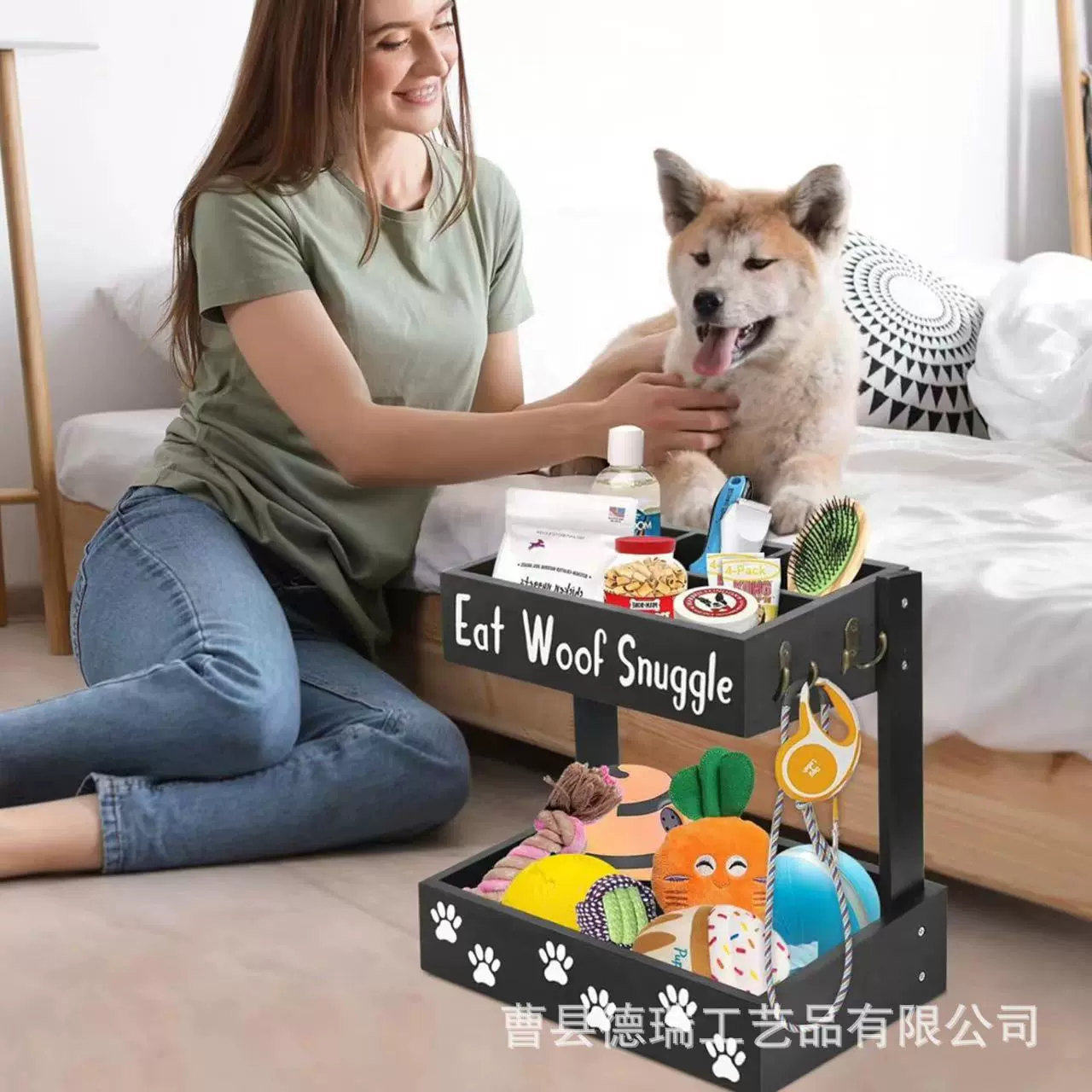 木架狗狗玩具木质猫狗玩具箱宠物配件收纳袋带分隔宠物玩具木架