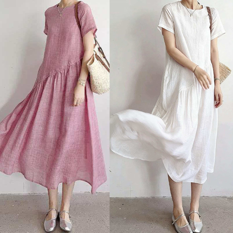 Short-Sleeved Cotton and Linen Dress for Women 2026 Summer New Style Artistic Style Comfortable Casual Cotton and Linen Elegant Goddess Mid-Length Dress