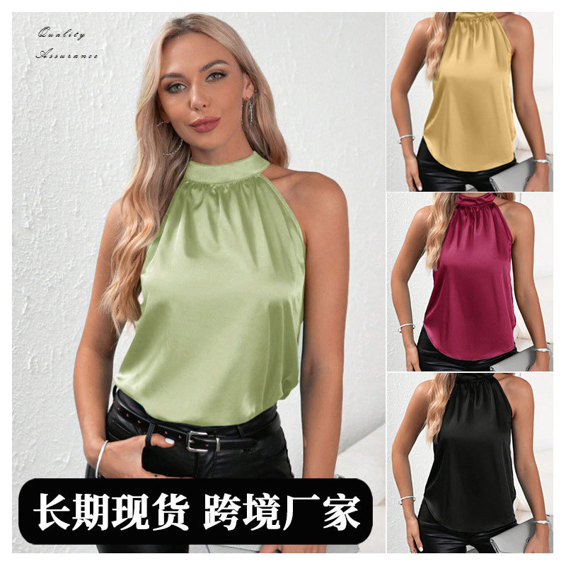 Top de satén sin mangas para mujer, estilo europeo y americano, nuevo para el verano de 2025, de Amazon, para comercio transfronterizo, color sólido, cuello halter sin hombros.