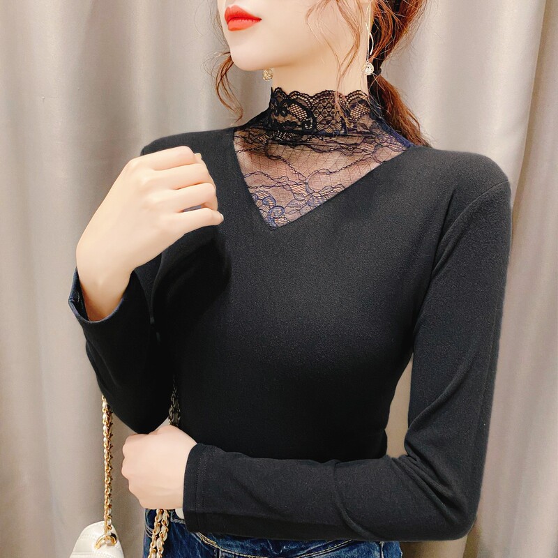 German velvet warm-keeping clothes lace women's T-shirt long sleeve velvet bottoming shirt women's autumn and winter women's high collar goddess clothes all-match