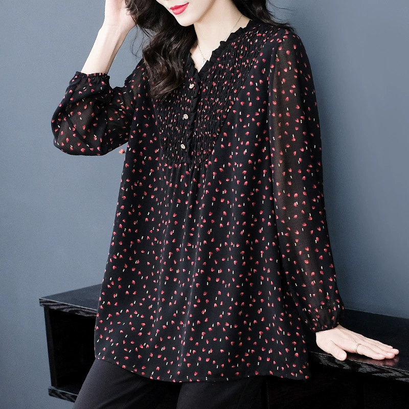 Свободная удобная летняя слегка зрелая шифоновая рубашка большого размера с длинным рукавом из французского горошка, топ для толстых женщин среднего и пожилого возраста