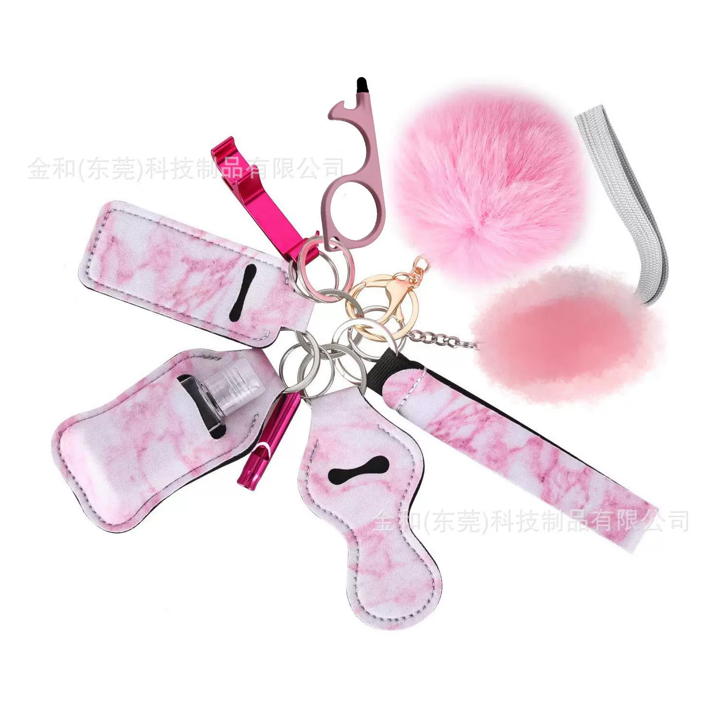 跨境热销报警器破窗器毛绒球饰品潜水料钥匙扣套装口红套洗手液套