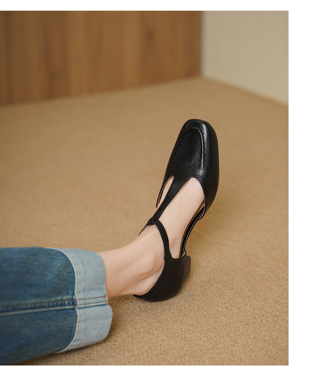 Sandal nữ cao gót mũi nhọn quai chữ T da cừu, gót 5 cm — đen chi tiết 8
