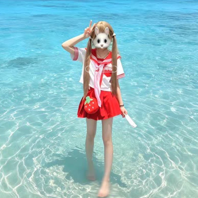 日系可爱JK制服基础红三本短袖校供jk短裙软妹学院风水手服套装