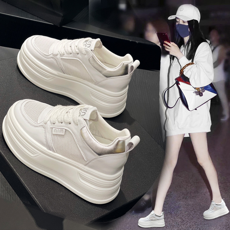 Internal Height Increase 9cm Platform Thick Bottom White Shoes Women's Summer Small All-match Mesh Breathable Korean Genuine Leather Shoes Internal Height Increase 9cm Platform Thick Bottom White Shoes Women's Summer Small All-match Mesh Breathable Korean Genuine Leather Shoes