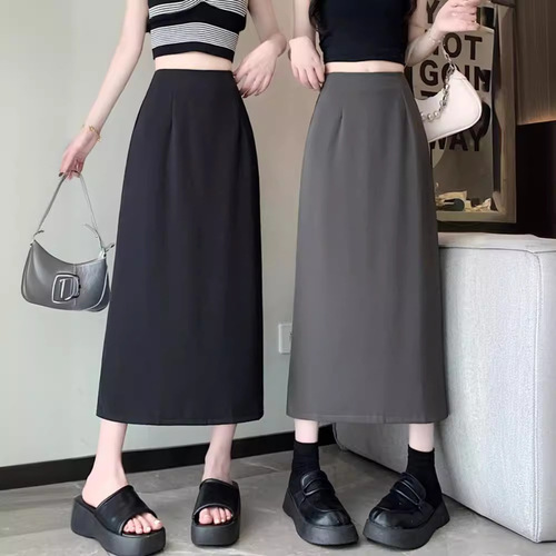 Glossy Stretch Waist Grey Suit Fabric Skirt for Women - Summer Bodycon A-line Skirt, High-Waisted Slimming Skirt with Slits, Mid-Length Dress