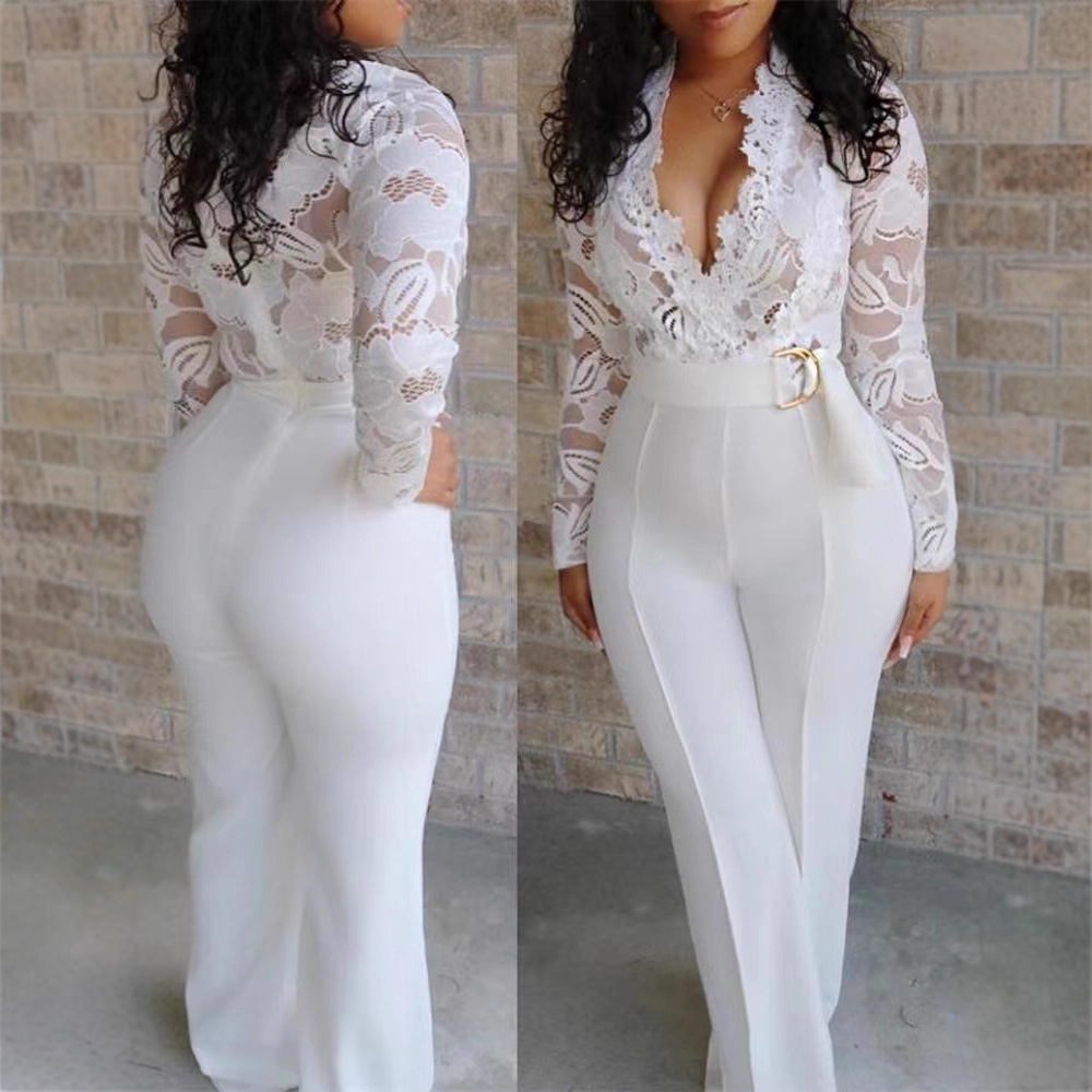 Ebay2025 European and American Autum New Sexy Deep V See-Through Lace Splicing Jumpsuit Pants Wholesale Women with Belt