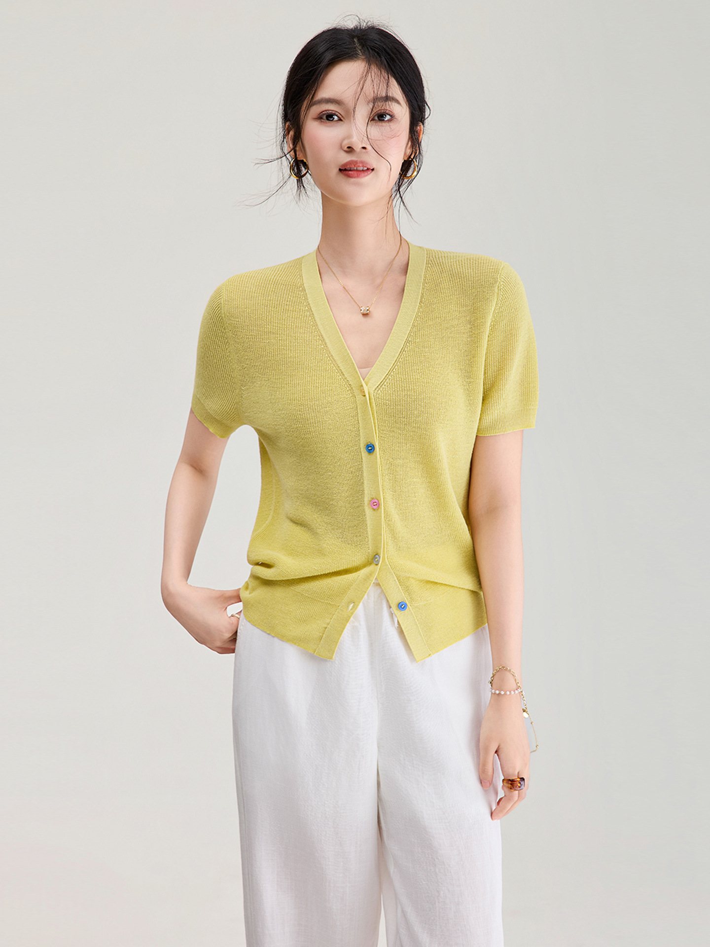 Áo cardigan nữ cổ V dệt kim sợi lanh siêu mịn, cúc màu, thoáng mát mùa hè — xanh lam