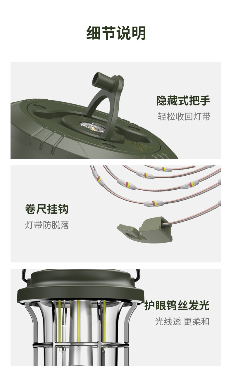 Cross-border retro-style portable outdoor camping lantern, rechargeable, for tents and campsites, with multi-functional, colorful LED strip lights for creating ambiance