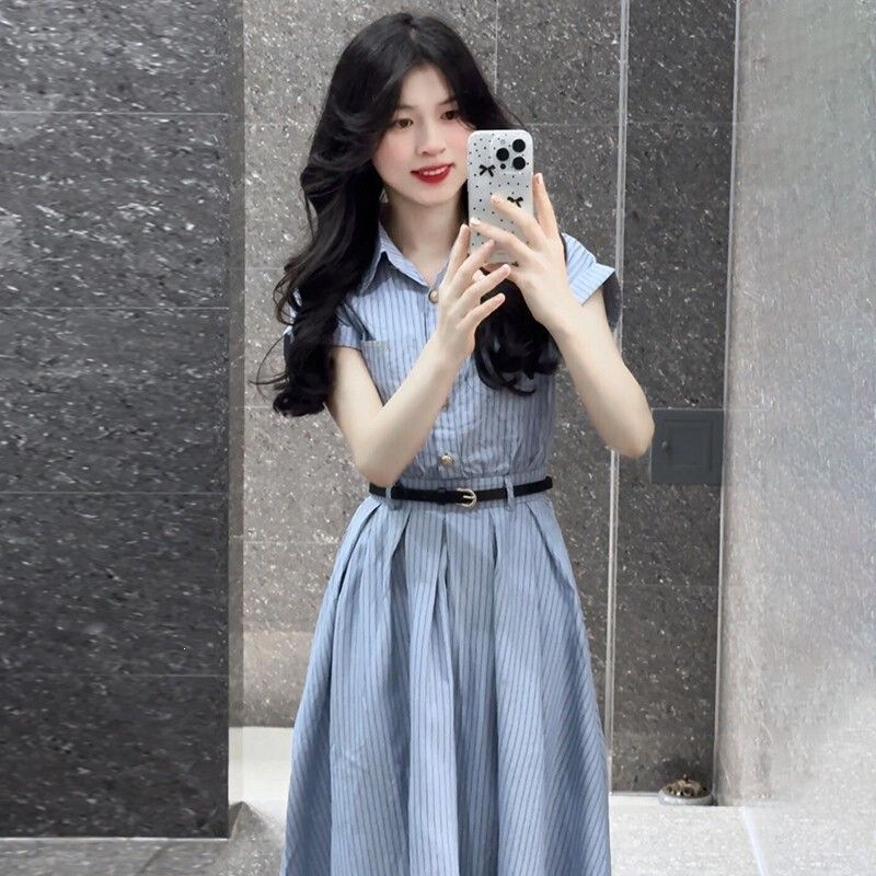 Korean Style College-Style Shirt Dress for Women, Unique and Beautiful Waist-Cinching Skirt, New Summer Style Waist-Cinching Long Skirt for Women