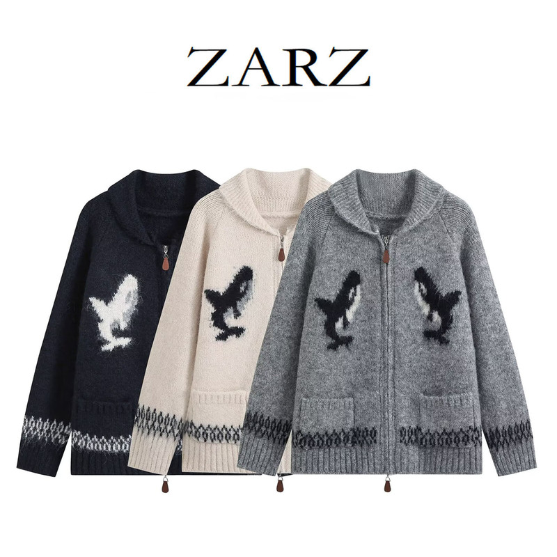 ZARZ self-designed European and American style new women's clothing, stylish and casual double-zipper shark jacquard cardigan