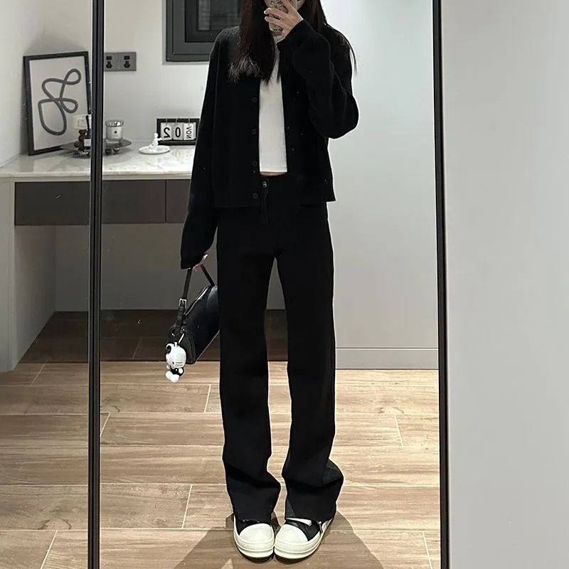 黑色直筒弹力牛仔裤女2026新款春夏款宽松显瘦烟管拖地裤