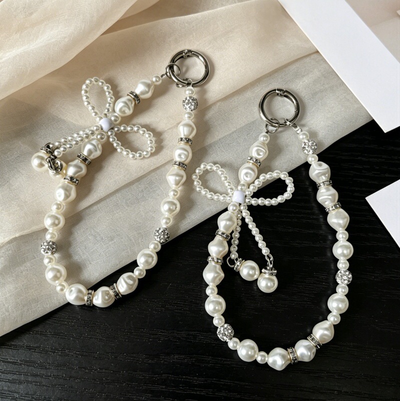 High-Quality, Aesthetically Pleasing Rhinestone-Embellished Pearl Bowknot Phone Chain Pendant Keychain Accessory Bag Charm Handmade Beaded Ornament