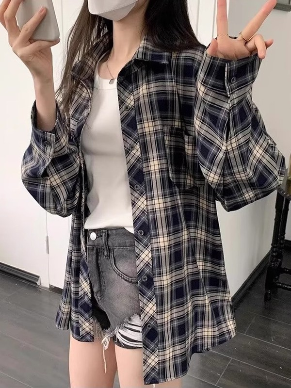美式复古格子衬衫外套女长袖秋冬新款设计感小众宽松休闲上衣衬衣|undefined