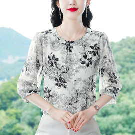 工厂直销印花雪纺衫女2024春夏新款小衫女显瘦洋气减龄上衣百搭潮