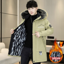 外贸男装中长款印花连帽男士棉衣青少年长袖加绒加厚保暖派克服