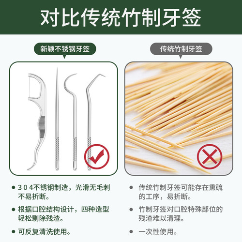 Manufacturer 304 stainless steel toothpick set dental floss metal picking needle tooth care cleaning tool